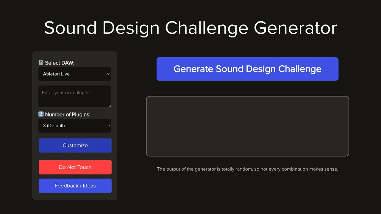 Sound Design Challenge Generator interface showing plugin and DAW selection with generate button
